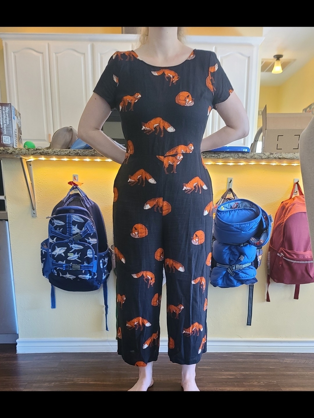 Modcloth Black Jumpsuit with Orange Fox Print Rare Large Bold Notion